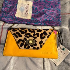 Soruka Yellow and Leopard Print Wallet with removable shoulder chain, Beautiful